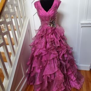Fushia ruffle full skirt Ballgown rhinestone cap sleeve v-neck ruched bodice